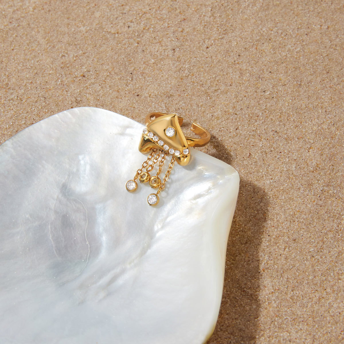 Sea Foam Chain Tassel Open Ring