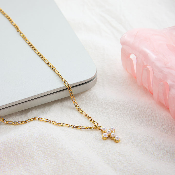 Almond Blossom Pearl Cross Necklace