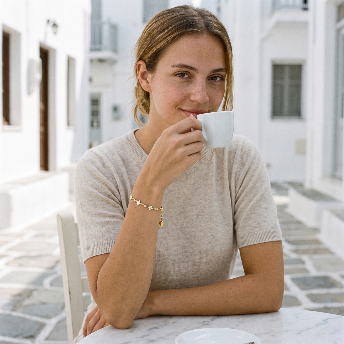 Juniper Clover Cluster Bracelet worn by the model